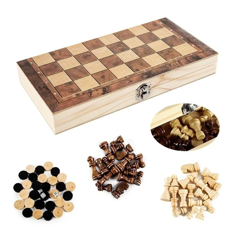 Wooden 3-in-1 Chess, Checkers and Backgammon Set