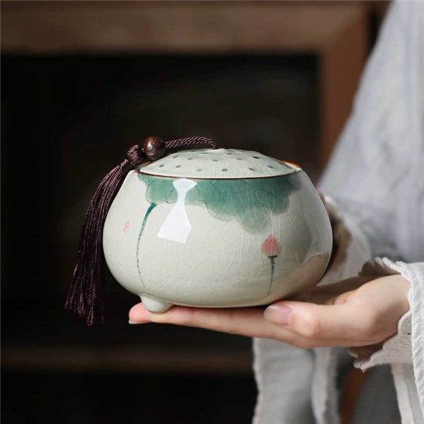 Hand-Painted Lotus Ceramic Tea Canister